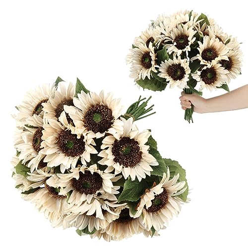 Hotop 24 Pcs White Artificial Sunflowers Realistic Fake Sunflowers Bulk Silk Faux Sunflower Decorations Vintage Farmhouse Flowers Bouquet with Long Stem for Fall Autumn Wedding Party Home Centerpieces