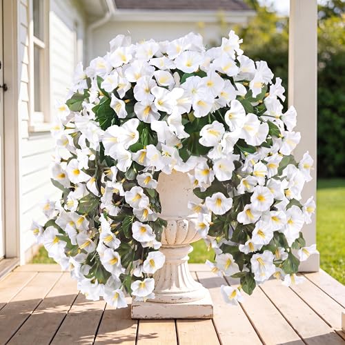 Sggvecsy Artificial Fake Hanging Flowers Plants for Outdoor Outside Spring Summer Decoration 2PCS Faux Silk UV Resistant Realistic Morning Glory Trailing Vines for Home Porch Patio Balcony(White) - color: White, size: 2Pcs