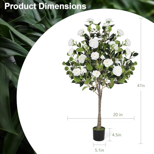 47” Artificial Camellia Tree with Blooming White Flowers, Artificial Tree for Indoor Outdoor, Faux Camellia Tree for Modern Home Office Floor Porch Decor, Free Maintenance - color: White