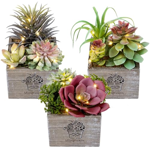 Small Fake Plants, 3 Packs Mini Succulent Plants Artificial with Led Lights for Indoor Bathroom Bedroom Desk Office Decor - color: Morning Mist