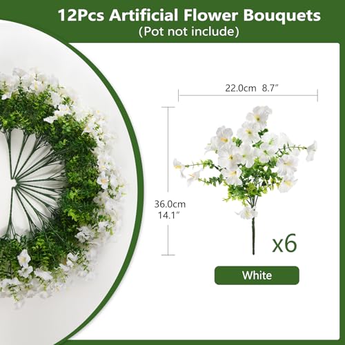 INQCMY Artificial Fake Flowers for Outdoors Decoration,12 Bundles Silk Colorful Morning Glory with Eucalyptus UV Resistant Look Real Faux Flowers for Planter Door Garden Porch Patio Balcony Yard - color: White