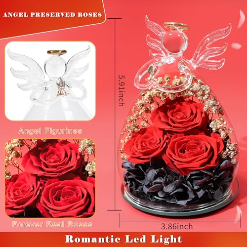 Beferr Gifts for Mom Birthday Gifts for Women, Fresh Flowers for Delivery Forever Preserved Rose in Glass Angel Figurine, Anniversary Christian Real Rose for Grandma Wife Mother from Daughter Son - color: M Arg-black & Red