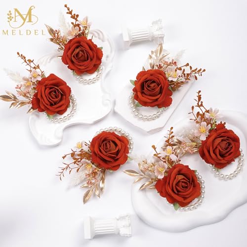 Orange Velvet Rose Wrist Corsage, Set of 6, Wedding Bridal Flower Corsage Hand Decor for Prom Party Homecoming, Wristband Flowers Bride, Bridesmaid, Girl - color: 6pcs Orange Wrist Corsages