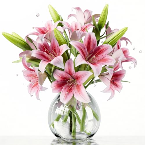 6PCS Artificial Lilies Set with 12 Heads Fully Bloomed Lilies and 6 Buds, Short Stem Real Touch Artificial Flowers for Home Hotel Flower Arrangement Party Decor (Pink) - color: Pink