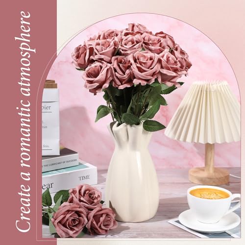 Hotop 20 Pcs Artificial Rose Flowers with Long Stem,Real Lifelike Silk Realistic Plastic Bouquet Roses Bulk for Home Decor Bridal Wedding Party Table Centerpieces Decorations(Dusty) - color: Dusty