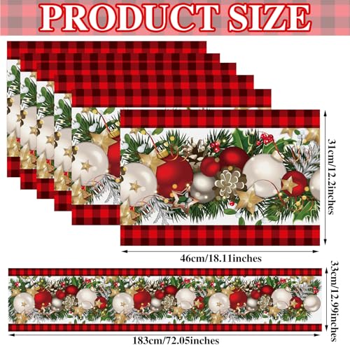 VitalCozy 7 Pcs Christmas Table Runner and Placemat Set 72 x 13 Inch Buffalo Plaid Runner Xmas Poinsettia Table Mat for Holiday Kitchen Dining Decoration(Plaid,Red Black) - style: Plaid