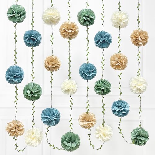 Sage Green Dusty Blue Khaki Beige Tissue Paper Flowers Pom Pom with Leaf Ribbon Hanging Garland Streamer for Birthday Baby Shower Wedding Engagement Silly Goose Themed Party Decorations Supplies - color: sage green blue