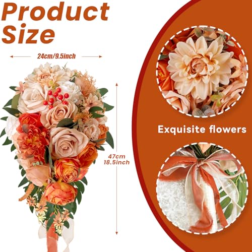 Burnt Orange Cascading Bouquets for Bride Artificial Fall Silk Flower Terracotta Rose Wedding Bridal Bouquet Sunset Beige Boho Rustic Ceremony Anniversary Decor Toss Bouquet - color: Burnt Orange, Terracotta