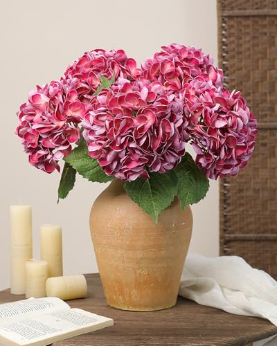 5pcs Magenta Hydrangea Artificial Flowers Real Touch Latex Large Fake Hydrangeas 21in Lifelike Full Dried Faux Hydrangeas Flowers for Home Decor Wedding Party Arrangements - color: Magenta, size: 5Pcs