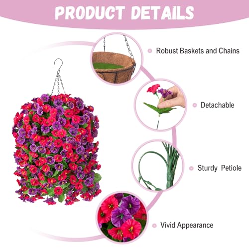 INXUGAO Artificial Flowers with Hanging Basket, Outdoor Faux Plants Silk Morning Glory Vines, Fake Green Arrangement for Garden Patio Spring Summer Decor(4pcs,Hot Pink Purple) - color: Hot Pink Purple
