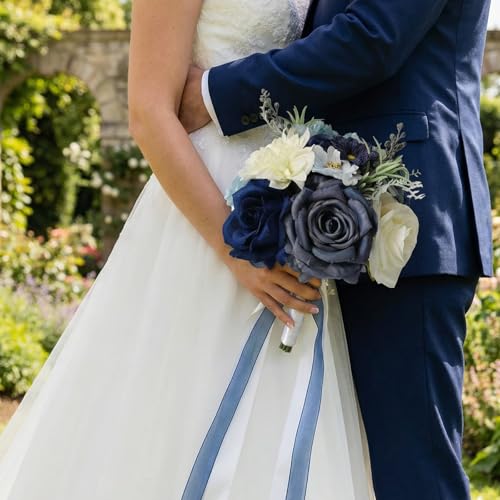 Wedding Bouquets for Bride, Dusty Blue Bridal Bouquet | Realistic Silk Rose for Rustic Boho Church Ceremony, Proposal, Thanksgiving, Wedding Decor - color: Dusty Blue