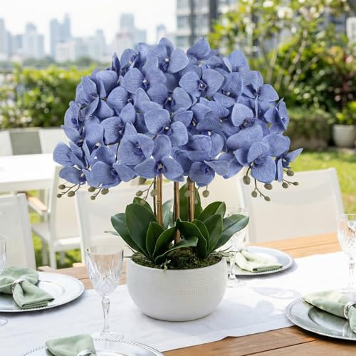 6 Pcs Blue Artificial Phalaenopsis Orchid Flowers 30" Velvet Silk Faux Orchid Stems Tall Fake Orchid Plants for Bathroom Office Wedding Party DIY Floral Arrangements (Blue) - color: Blue