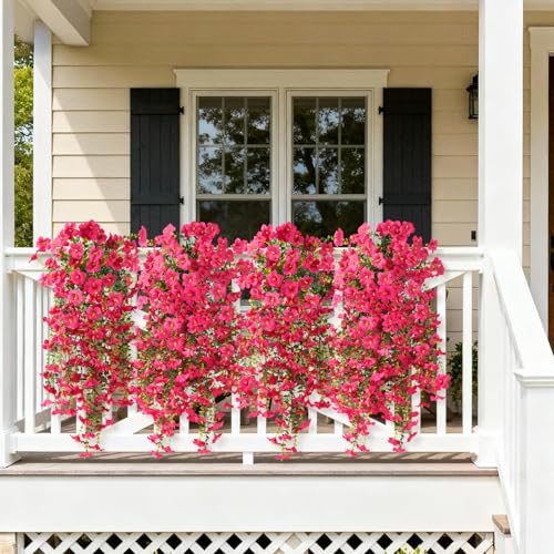 ZFProcess Artificial Hanging Flowers Plants for Outdoor Spring Summer Decoration, 2PCS Faux Silk Morning Glory UV Resistant Look Real for Outside Home Indoor Planter Porch Garden Yard Decor(Rose Red) - color: Rose Red