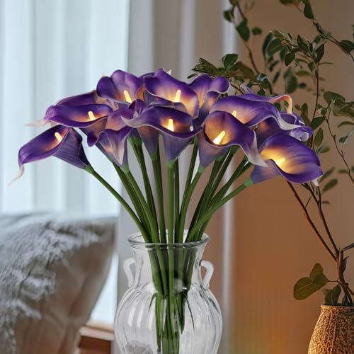 20 Stems Lighted Artificial Calla Lily Bouquet Light Faux Floarl Night Light Real Touch Flower Night Lamp LED Calla Lily lighted Artificial Flower for Holiday Gifts Home Kitchen Decor(Purple, No Vase) - color: Purple