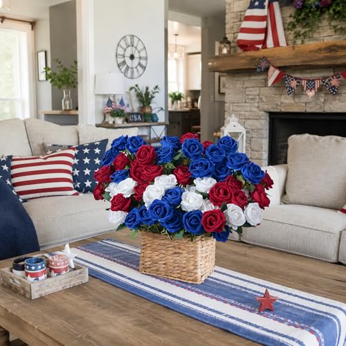 50 PCS Blue Roses Artificial Flowers, Real Looking Fake Roses with Long Stems Silk Flowers for DIY Wedding Bouquet Party Celebration Home Bridal Shower Decoration Valentine's Day Gift for Her Wife - color: Blue