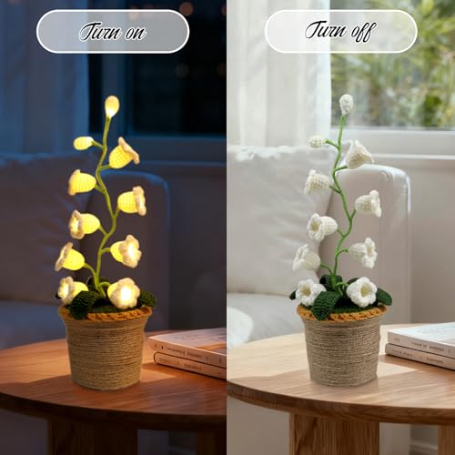 Lily of The Valley Lamp, Crochet Artificial Flowers with 10 Little Night Lights, Cordless Flower Bedside Lamps Small Table Lamp for Mothers Day,Birthday Gifts,Christmas,Valentine Home Decor (White) - color: White