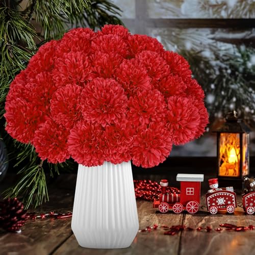 36 Pcs Artificial Chrysanthemums Flowers Red Flowers Fake Mums Silk Flowers for Spring Home Decor Christmas Floral Arrangement Halloween Table Centerpiece - color: Red