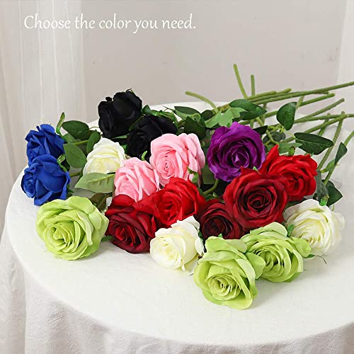 Laelfe 12 PCS Artificial Flowers Roses Silk Flowers Fake Long Stem Artificial Roses for Home Wendding Kitchen Decorations(Green) - color: Green