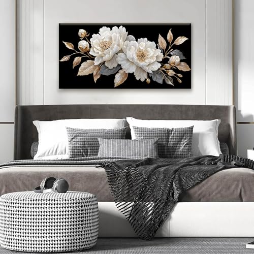 Canvas Wall Art Decor Elegant White Flower Picture Artwork For Walls Bedroom Office Living Room Apartment Kitchen 20x40 Inch Home Wall Decor Modern Wall Art Decor Ready To Hang - color: White Black Gold, size: 40"L x 20"W