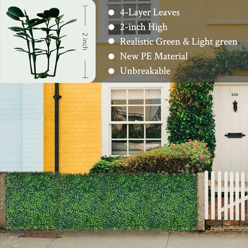 Artificial Grass Wall Panel,10"x 10"(24P) 4-Layer Leaf UV-Anti Greenery Faux Boxwood for Indoor,Outdoor Patio Balcony Privacy & Ivy Fence Covering Privacy, Garden, Backyard Wall Backdrop Decor - size: 10"x10" (24)