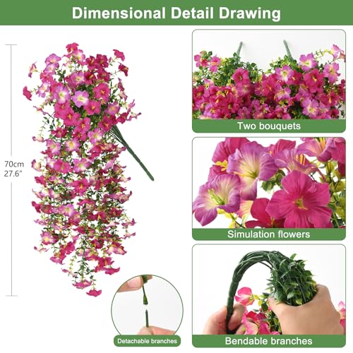 Artificial Fake Flowers Plants for Outdoor Spring Summer Decoration,2 PCS Faux Silk Morning Glory with Eucalyptus Leaves,UV Resistant Realistic Outdoor Flowers for Balcony Porch Patio Yard Garden - color: Violet Red Pink Red
