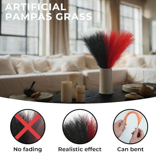40pcs Artificial Pampas Grass 21.6" Faux Dried Flowers Pompas Grass Bouquet Flower Arrangement and Vase Filler for Gothic Room Decoration Wedding Party Boho Home Decor - color: Black & Red