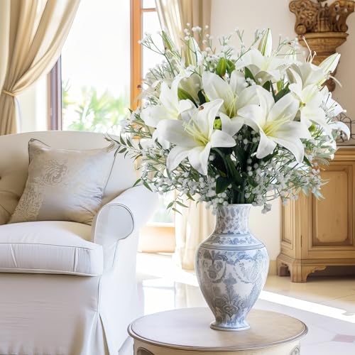 Giegxin 18 Pcs Easter Artificial White Lilies with Baby's Breath, Latex Fake Tiger Lily Bouquet for Easter Spring Home Church Wedding Decorations, Faux Gypsophila Floral Arrangement - color: White, style: Lily, Babys Breath