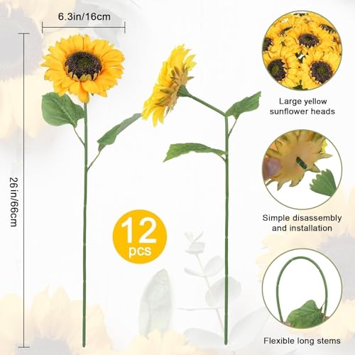 12 PCS Fake Sunflowers Silk Sunflowers Long Stem Large Summer Yellow Flower | 6in Large Heads Flower Arrangement Indoor Home Decor for Tall Vase