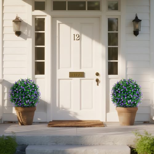 Yangrass Artificial Purple Flower Topiary Ball Trees with Ground Spike, Set of 2 UV Resistant Artificial Shrubs, Fake Evergreen Artificial Plant Bushes for Indoor Outdoor Front Porch Garden - color: Purple Flower