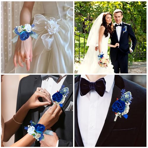 SITUMEIZI 2Pcs Deep Blue Corsage and Boutonniere Set Wrist Corsage Bracelets and Boutonniere for Men Wedding Prom Party Suit Decor - color: Deep-blue