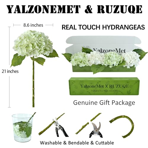 YalzoneMet Artificial Hydrangea Flowers 4 Pcs 2 White 2 Light Green 21 inch Long Rod Real Touch Lifelike Fake Latex Hydrangea Flowers for Home Party Outdoor Wedding Gifts Christmas Table Decoration - color: White Light Green
