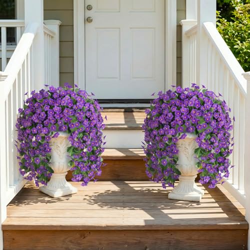 HyeFlora Artificial Faux Hanging Flowers for Outdoor Outside Spring Decoration, 2PCS Fake Silk Purple Daisy Plants UV Resistant Look Real Orchid Mums Vine for Front Door Porch Planter Balcony - color: Purple 2