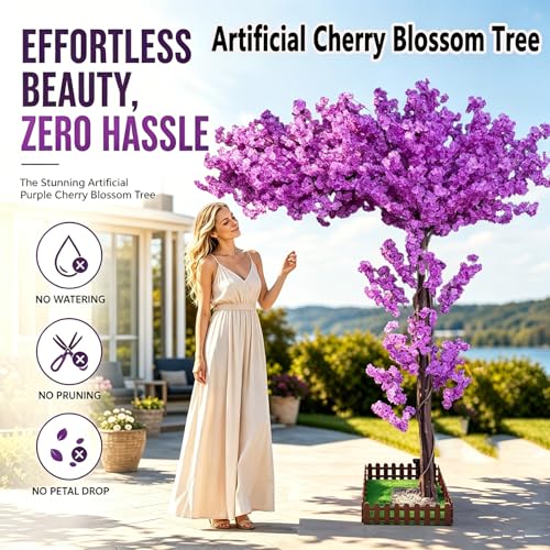 Purple Artificial Cherry Blossom Tree 8.2ft for Indoor Outdoor Home Decor,Handmade Fake Faux Cherry Blossom Trees for Wedding Party Office Shopping Mall Hotel Restaurant Graden Living Room - color: Purple, size: 8ft 2in