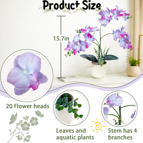 ucky Purple 15.7" 3D Lifelike Artificial Orchid Plant with 20 Heads, Realistic Faux Phalaenopsis in Ceramic Pot for Home Decor, Elegant Fake Flower Arrangement Table Centerpiece - color: Purple