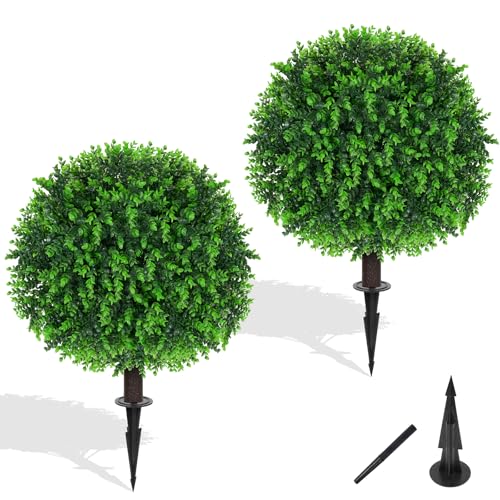 Yangrass Artificial Eucalyptus Topiary Ball Trees with Ground Spike, Set of 2 UV Resistant Artificial Shrubs, Fake Evergreen Artificial Plant Bushes for Indoor Outdoor Front Porch Garden - color: Eucalyptus