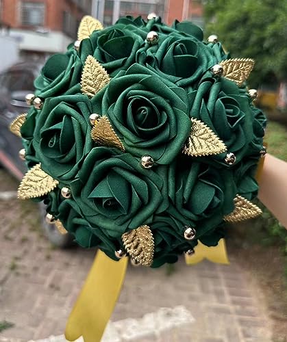Handmade Wedding Bouquet Artificial PE Rose Bridal Bridesmaid Bouquet with Soft Ribbons Wedding Hand Holding Bouquet Artificial Fake Flowers Toss Bouquet(A-Emerald Green, 6.7"/17cm) - color: A-emerald Green, size: 6.7"/17cm