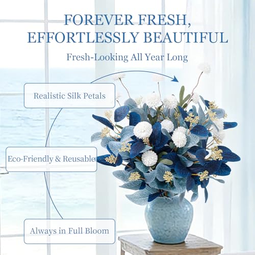 Dallisten Fake Flowers for Vase, 15 pcs Faux Silk Pompom Mum Artificial Flowers with Eucalyptus Stems, Mini Floral Long Stem Arrangements for Home Decor, Wedding, Table Centerpieces DIY Floral Designs - color: Navy Blue+light Blue+white