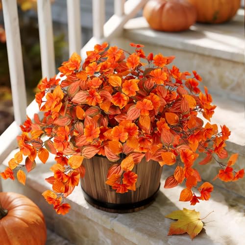 INXUGAO Fake Fall Flowers Artificial for Decoration 2PCS Faux Silk Fall Flowers Plants for Outdoors Outside Planters UV Resistant Looks Real for Front Door Porch Patio Garden Decor - color: Y3-orange