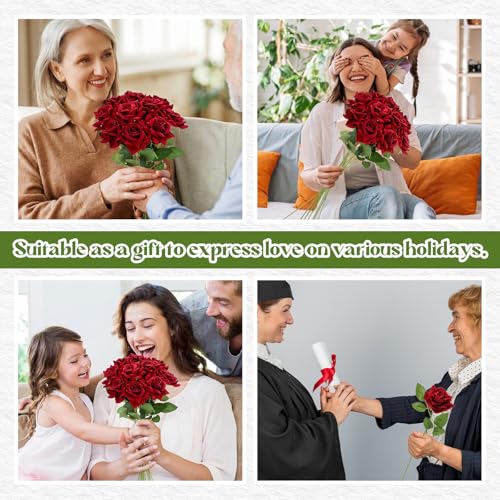 Zeyune 10 Pcs Velvet Red Fake Roses Artificial Flowers, and Real to Touch Rose Faux Long Stem Florals for DIY Wedding Centerpieces Party Home Decor