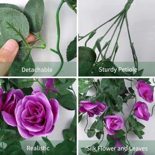 RECUTMS 2PCS Artificial Hanging Rose Flower Plants, 37 Inch Purple Fake Silk Floral Ivy Garlands for Outdoors Home Room Garden Front Porch Wedding Arch Bridal Shower Easter Indoor Party Greenery Decor - color: Purple, size: 2 pcs