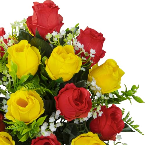 XONOR Artificial Cemetery Flowers for Grave Decorations, Artificial Memorial Roses Flowers Bouquet with Vase for Cemetery Headstones Decoration, 2 Sets (Red&Yellow) - color: Red&yellow