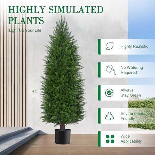 AOKIIE 4FT Artificial Cedar Topiary Trees UV Protection for Outdoor 2PCS | 48 Inch Tall UV Protection Fake Cypress Trees for Outdoors, Potted Pine Plants for Patio, Porch, Home, Doorway Decor - size: 4FT