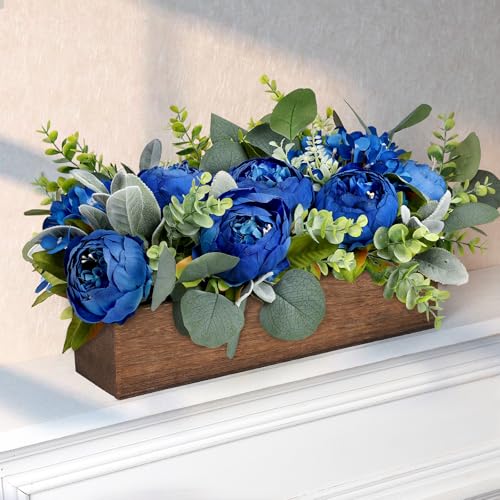 Royal Blue Flower Centerpieces for Table, Pre-Made Artificial Peony Hydrangea Centerpieces for Dining Table Wood Flowers Centerpieces for Wedding Graduation Living Room Party Bar Kitchen Table - color: Royal Blue