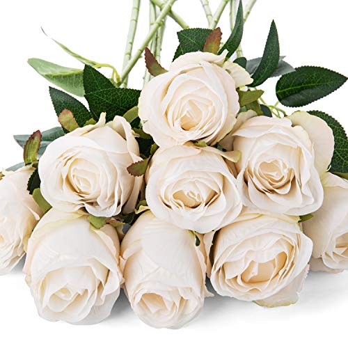 10pcs Artificial Rose Flowers Long Stem Fake Silk Roses for DIY Wedding Bouquet Table Centerpiece Home Decor (White) - color: White