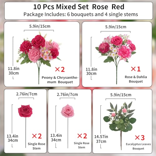 10 Pcs Mixed Artificial Flower Set, Artificial Peony Bouquet Fake Rose Flower Silk Floral Arrangements for Table Centerpiece Home Wedding Party Bridal Vase Decoration(Mixed Pink, 6 Bouquets & 4 Stems) - color: Mixed Pink, size: Mixed 10pcs