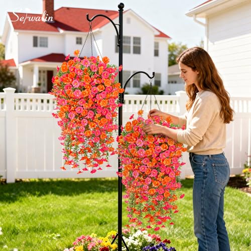 Serwalin Artificial Hanging Flowers for Outdoors Faux Plants, 4PCS Faux Morning Glory Fake Outdoor Flowers UV Resistant Realistic Silk Flower for Outside Planter Front Door Porch Patio Yard Decor - color: Orange& Hot Pink