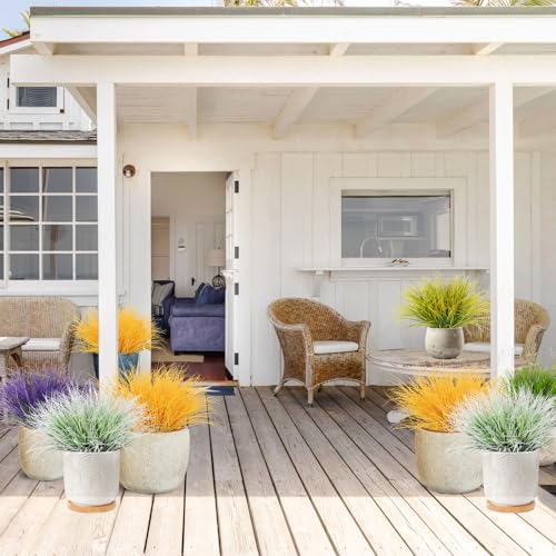 RECUTMS 12Pcs Artificial Grasses for Outdoor Planters Outdoor Greenery White Plastic House Plants Faux Grass for Planters Wedding Indoor Outside Garden Porch Home Office Window Box Decor(White) - color: White Grass