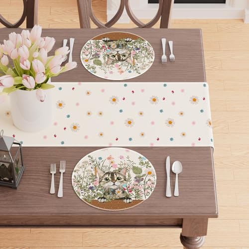 XCHI Wildflowers Cat Daisy Spring Round Placemats Set of 4 Summer Table Mats for Party Home Kitchen Dining Table Decorations 14x14 Inch - size: 14x14 Inch