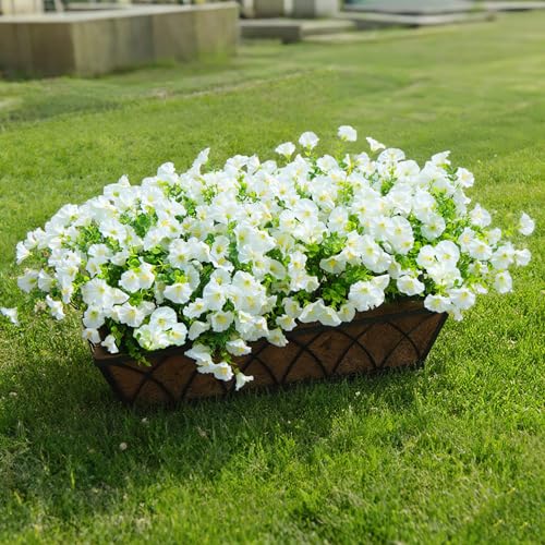 Artificial Fake Flowers For Outdoor Outside Decoration,16 Bundles UV Resistant Faux Plastic White Flowers with Green Eucalyptus Stem Plants Bulk Look Real for Home Porch yard Patio Planters (White) - color: White