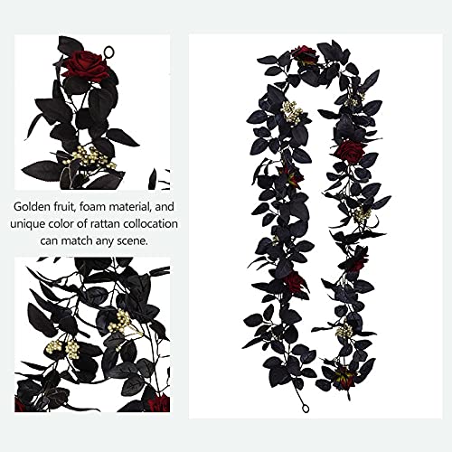 TITA-DONG 70.9 Inch Halloween Red Rose Vine Fake Floral Wall Hanging Ornaments, Artificial Rose Vine Fake Flower Plants,Black Silk Flower Garland for Halloween Decor(#1)